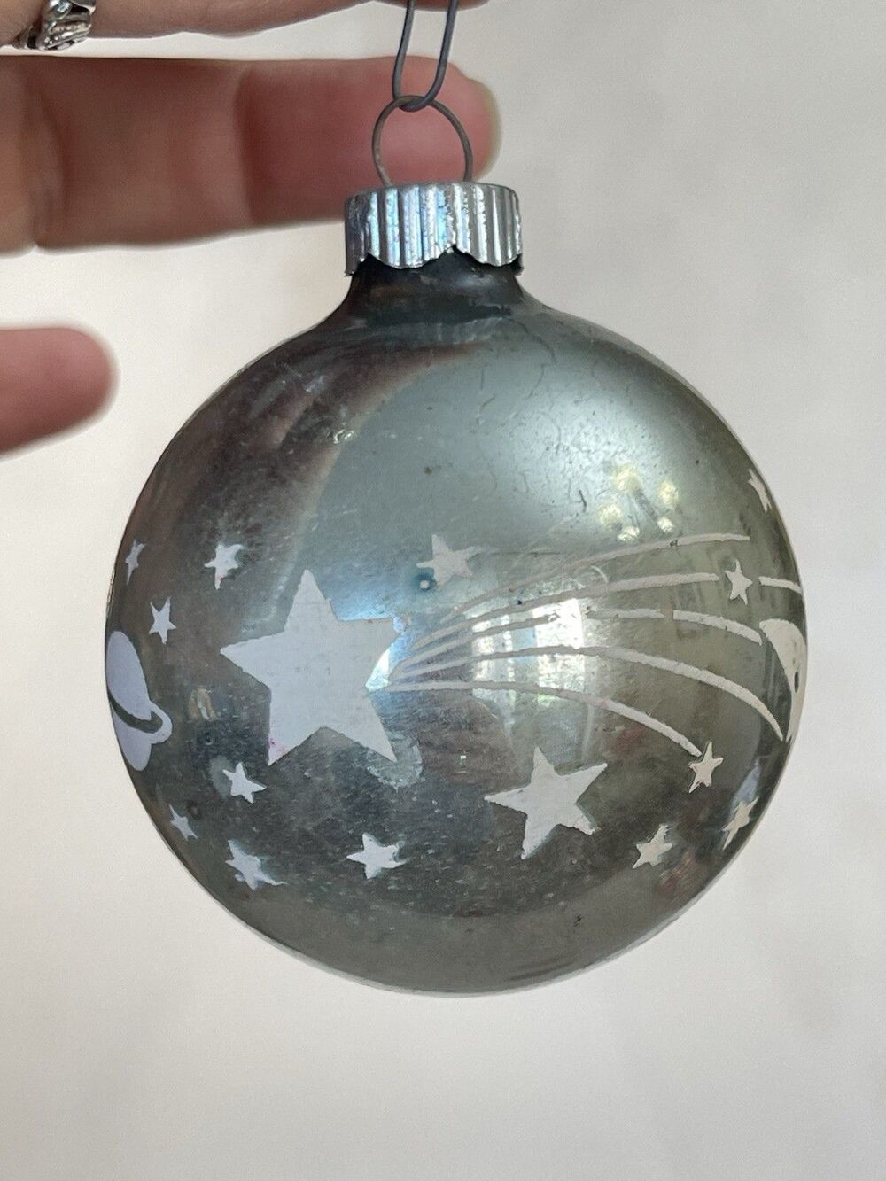 Vtg Shiny Brite Glass Silver Moon Shooting Star Saturn Stenciled 2.25” Ornament